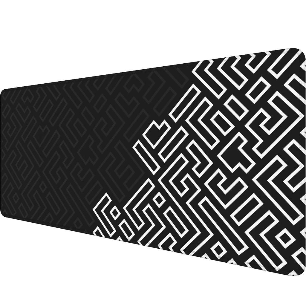 Black extended mouse pad with white geometric maze design