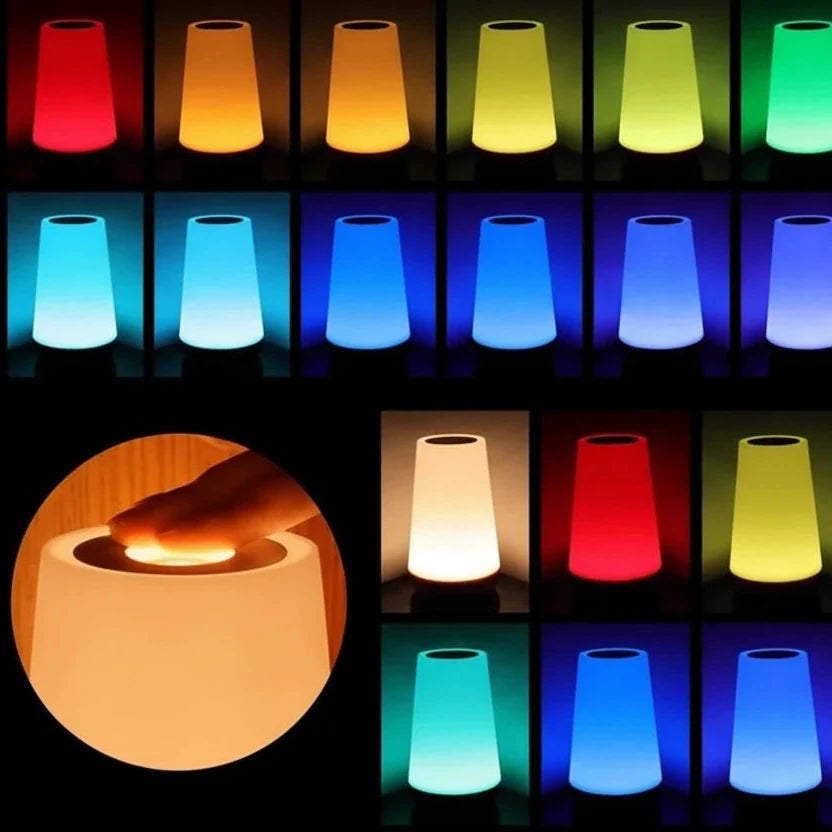 Colourful LED lamp with remote control and various color displays.