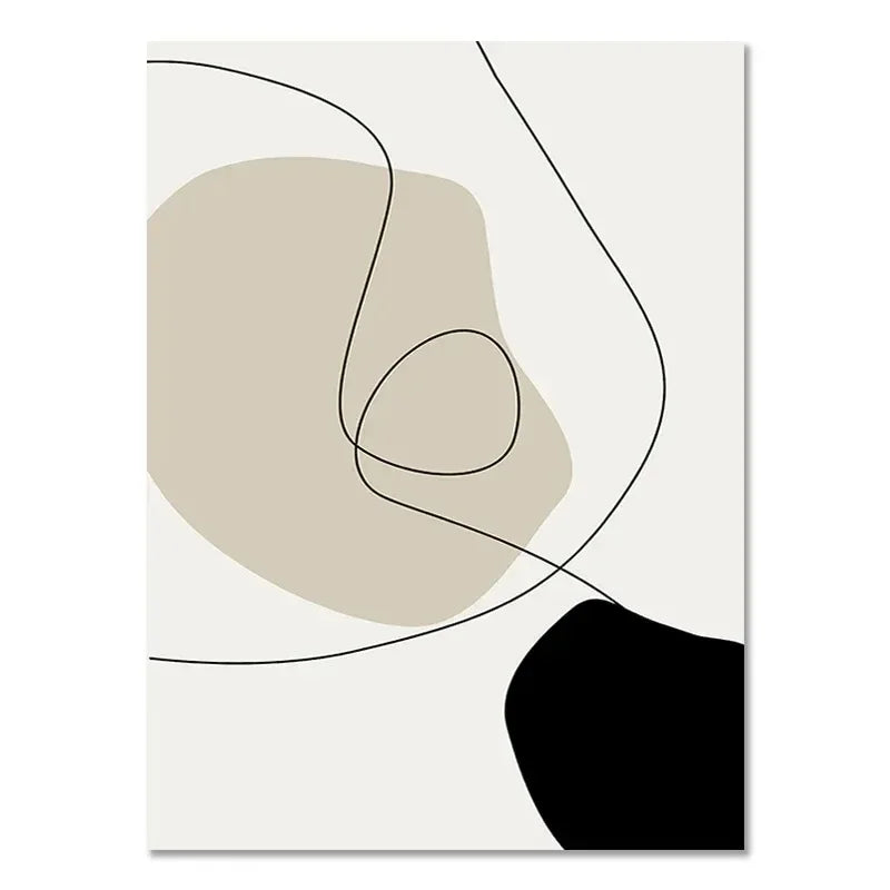 Abstract art print with black line shapes on a beige and white background
