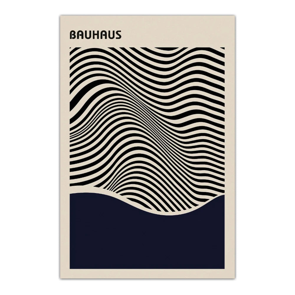 Poster with wavy line design and 'Bauhaus' text on a beige and navy background