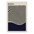 Poster with wavy line design and 'Bauhaus' text on a beige and navy background
