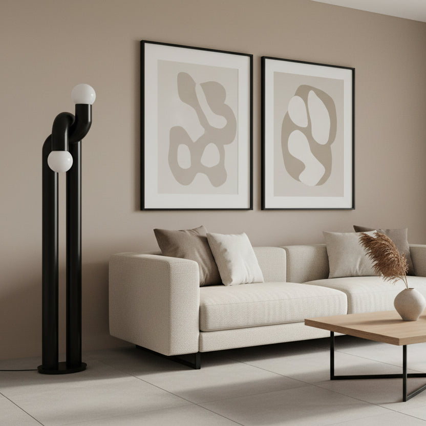 Black sculptural floor light fixture with glass globe shades, 158cm