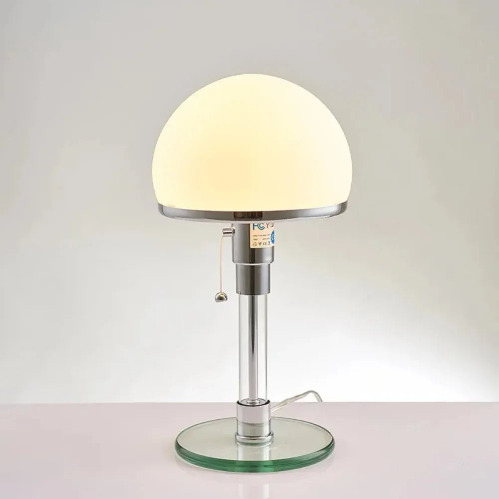 Bauhaus chrome table lamp with frosted glass dome shade and glass base