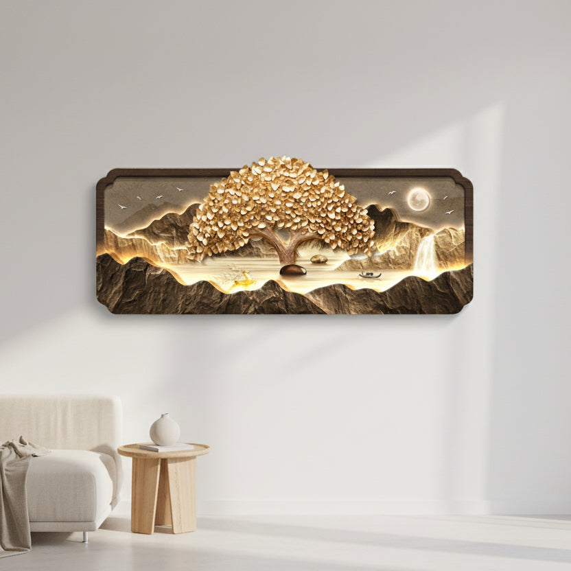 3D LED framed wall light with golden tree, moonlit mountain valley and waterfall scene — with and without backlight