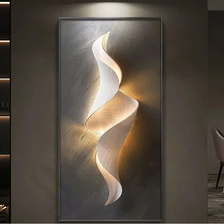 Lumina Flow LED sculptural wall light with elongated spiral ribbon form and warm golden backlight on a brown canvas