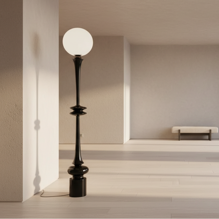 Black sculptural globe floor lamp, frosted shade, D25cm x H165cm, E27 LED