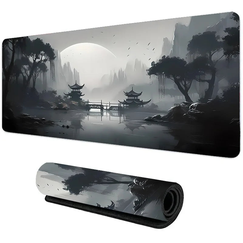 Large mouse pad with dark grey misty pagoda and river landscape, shown flat and rolled