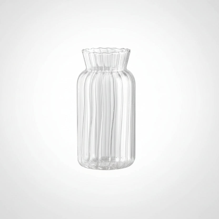 Clear glass vase with dimensions and text on a white background
