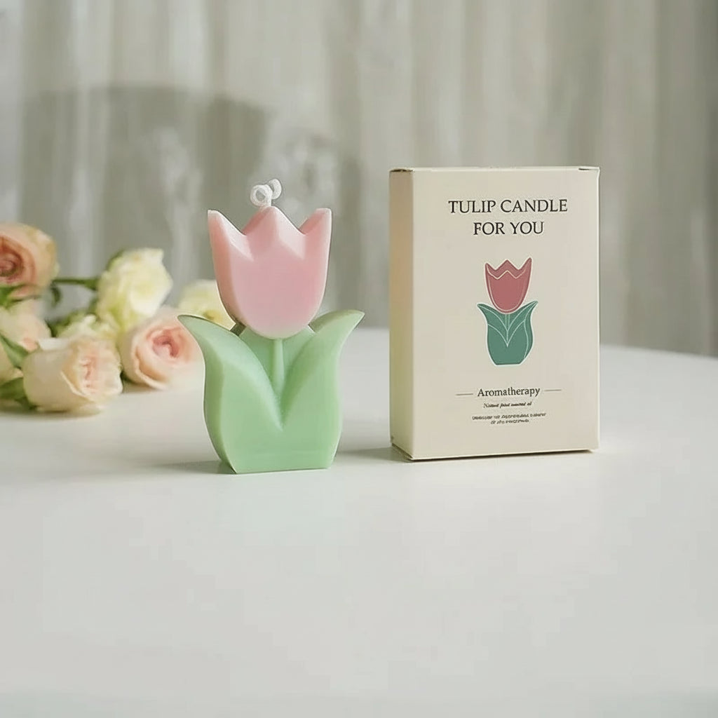 Tulip-shaped candle with packaging on a neutral background