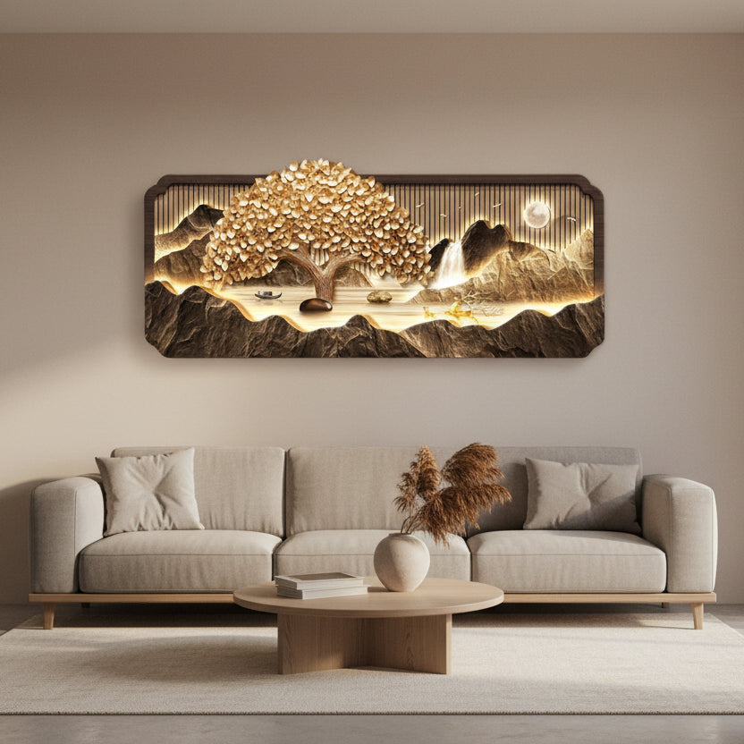 3D LED framed wall light with golden tree, striped background, waterfall and deer in mountain landscape — with and without backlight