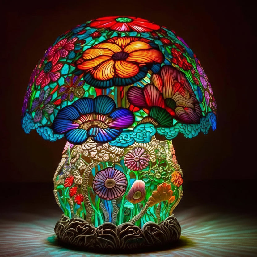 Vibrant multicoloured stained resin mushroom lamp with decorative garden base