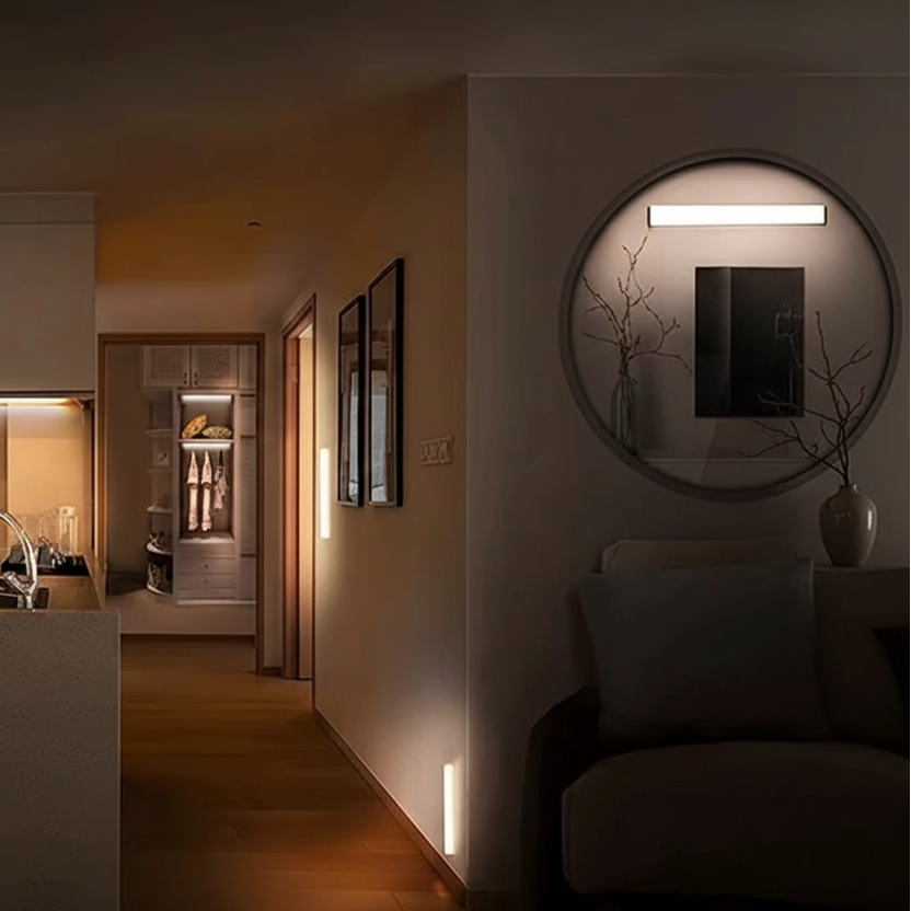 Modern interior with light fitting situations, labelled kitchen, doorway, and porch.