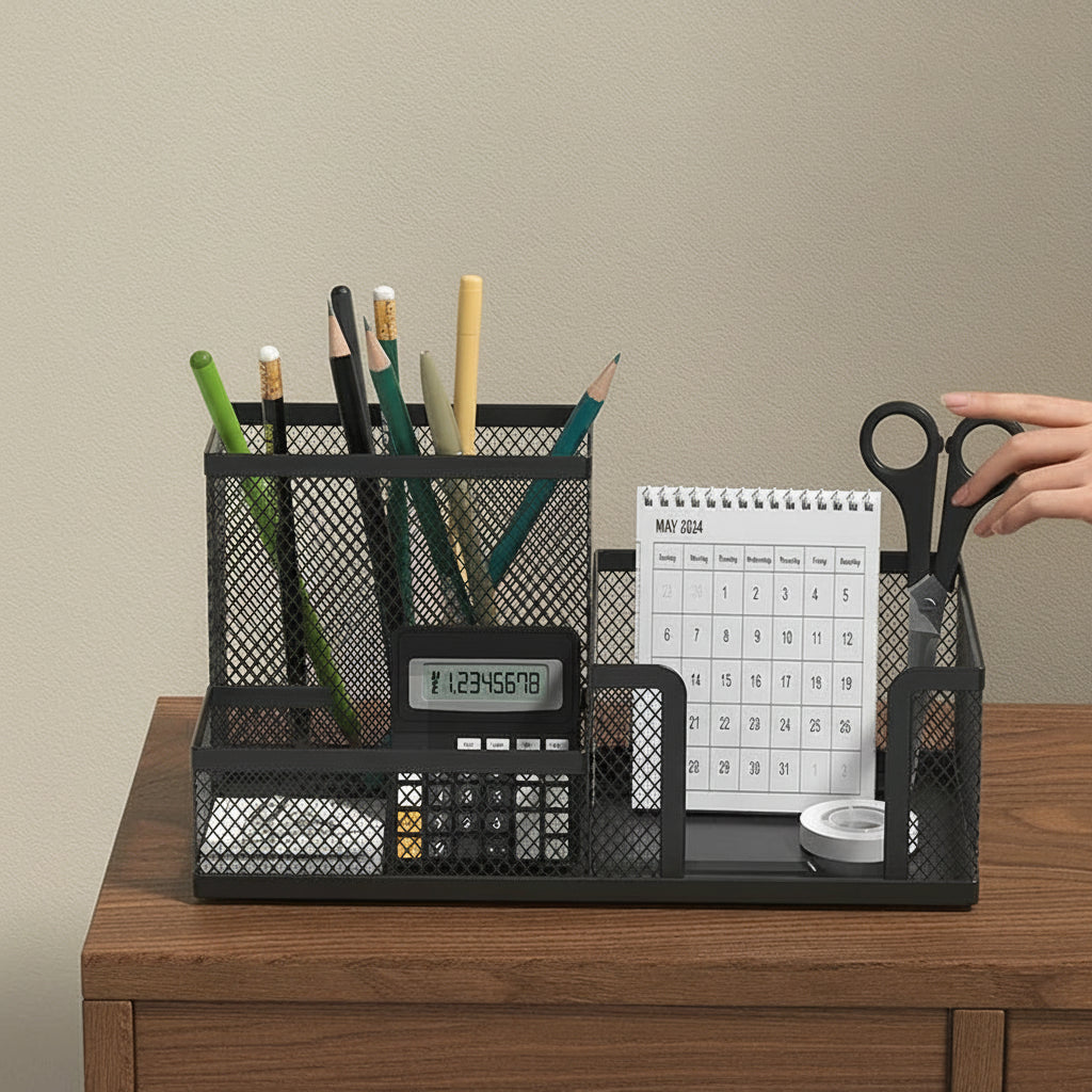Black mesh desk organiser with stationery items on a wooden surface.