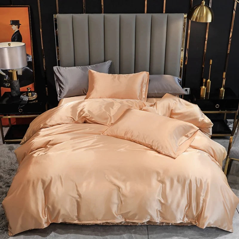 A Champagne Beige bedding set on a bed with a grey headboard in a stylish bedroom.