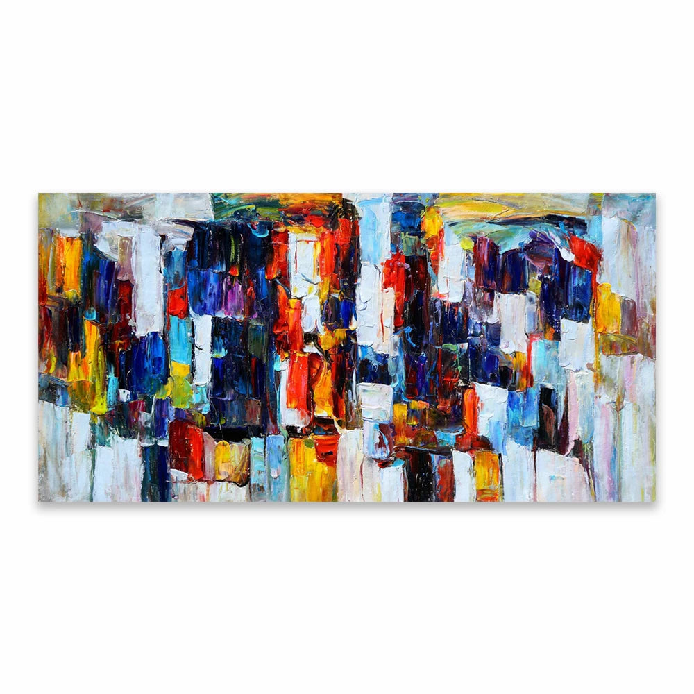 Abstract painting with multicoloured blocks on a white background