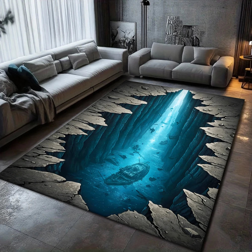 Sunken Ship Chasm – 3D illusion floor rug featuring a deep underwater canyon with a shipwreck resting on the ocean floor below cracked rock edges.