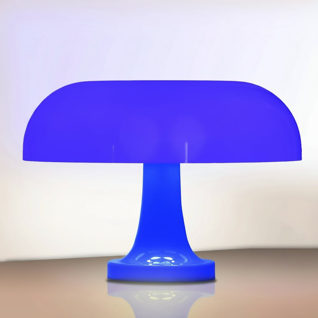 Blue table lamp with dimensions indicated on a white background