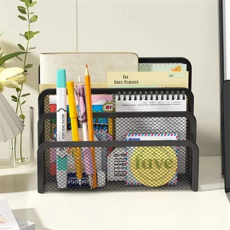 Mesh desk organizer with stationery items on a desk