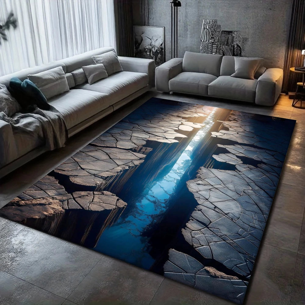 Abyssal Rift Glow – 3D illusion rug showing cracked stone ground splitting open with a glowing blue abyss running through the centre.