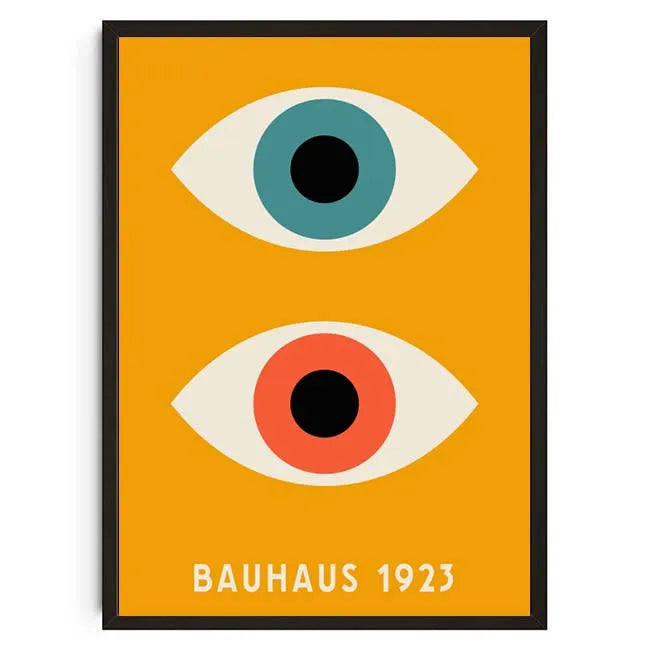 Framed poster with two eyes and 'Bauhaus 1923' text on an orange background