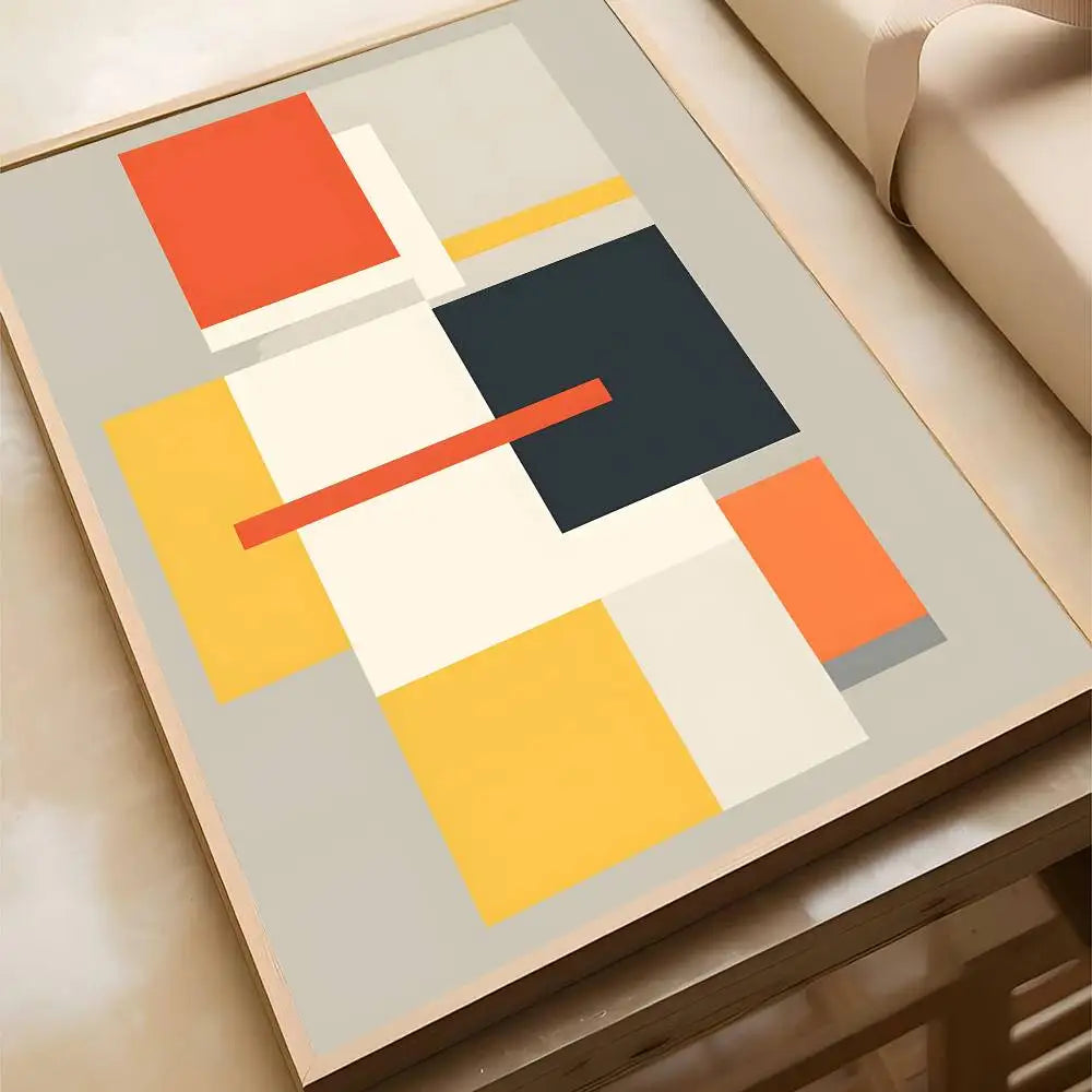 Abstract canvas print with a Mondrian-inspired grid of orange, yellow, navy, and cream rectangles on a grey background, in a natural wood frame.