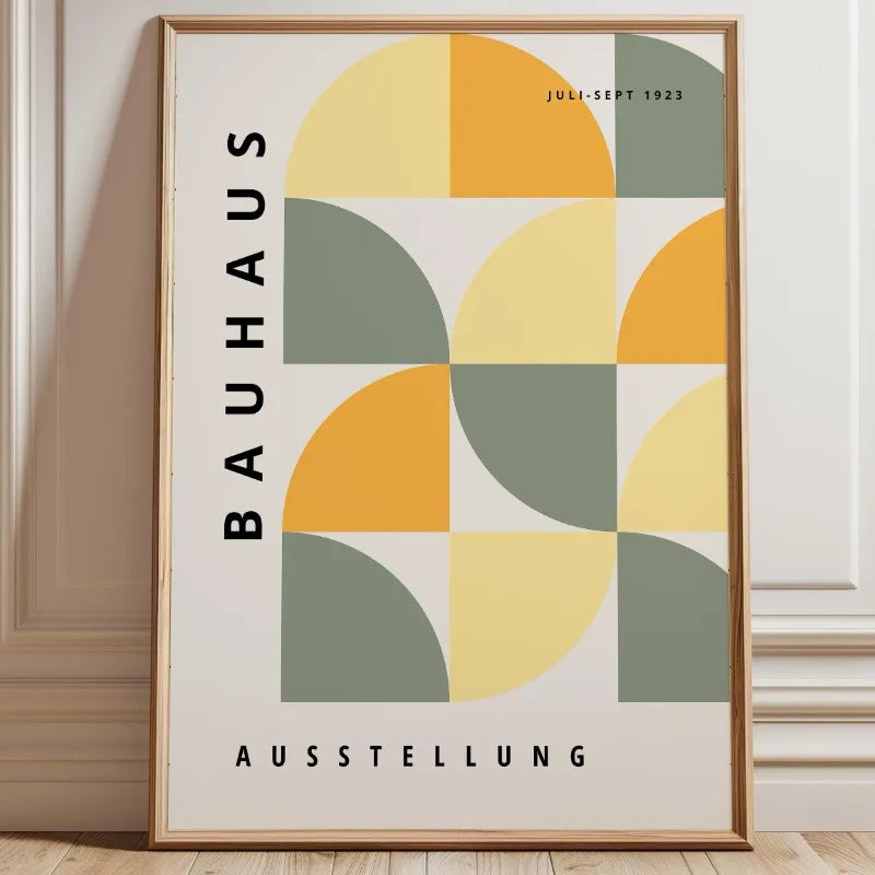 Soft-toned Bauhaus canvas print with mustard, cream, and sage geometric arch pattern