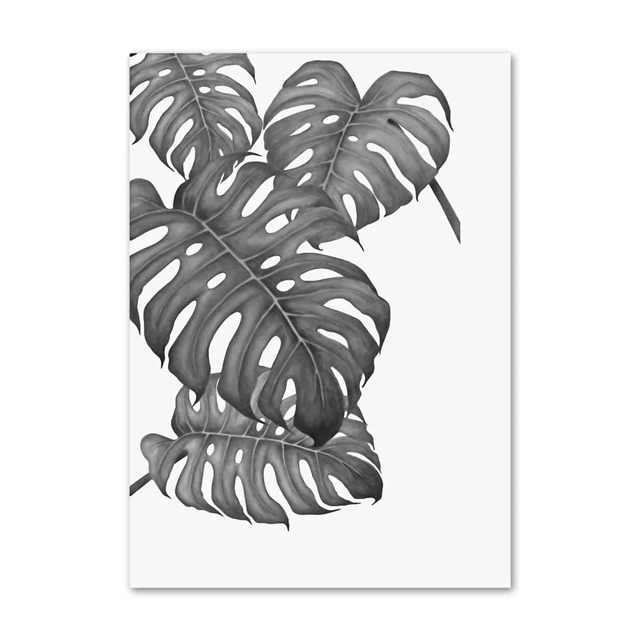 Black and white monstera leaf design on a white background
