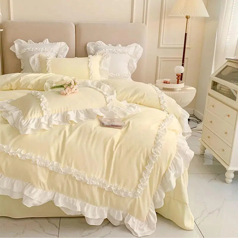 Buttercream Yellow): Buttercream yellow Korean-style bedding set with ruffled edges