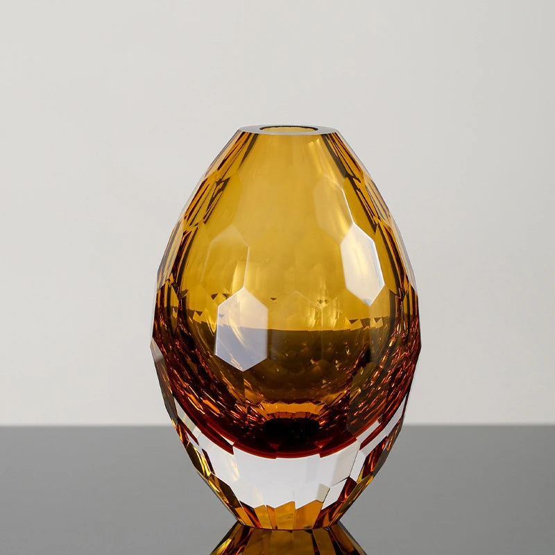 Medium amber low-profile faceted glass vase, 7cm height, wide body