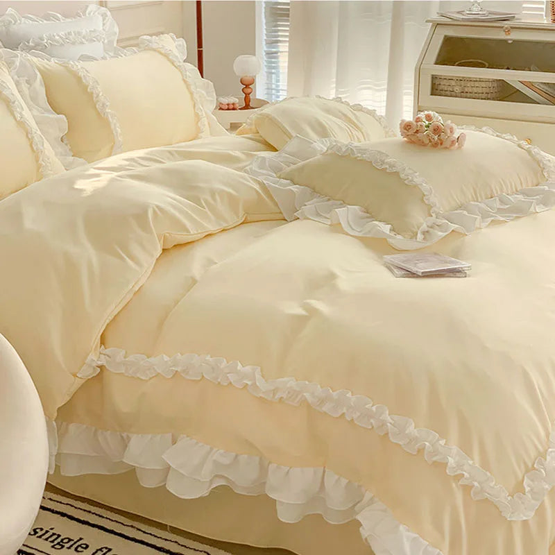 Buttercream Yellow): Buttercream yellow Korean-style bedding set with ruffled edges