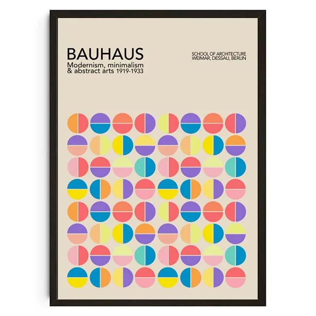 Framed poster with Bauhaus design and geometric patterns on a beige background