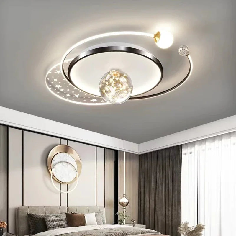 Black circular orbital LED ceiling light with star acrylic panel and crystal ball, 52×40cm