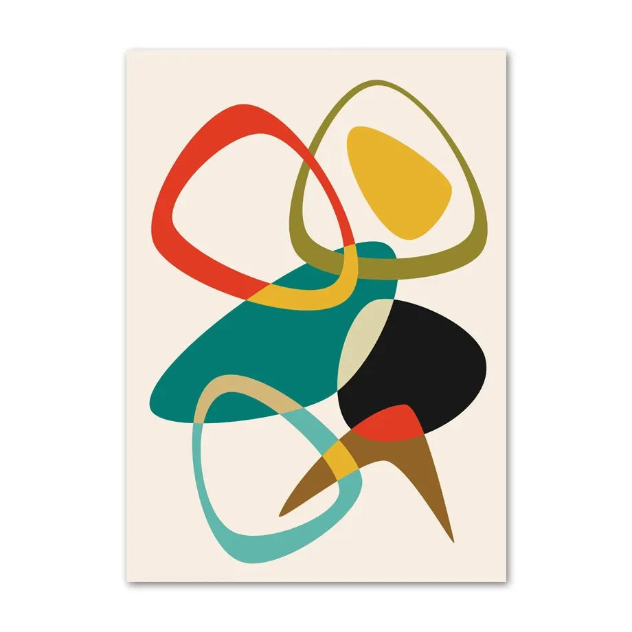 Abstract cotton canvas print with layered looping shapes in teal, red, mustard, black, and brown on a neutral background