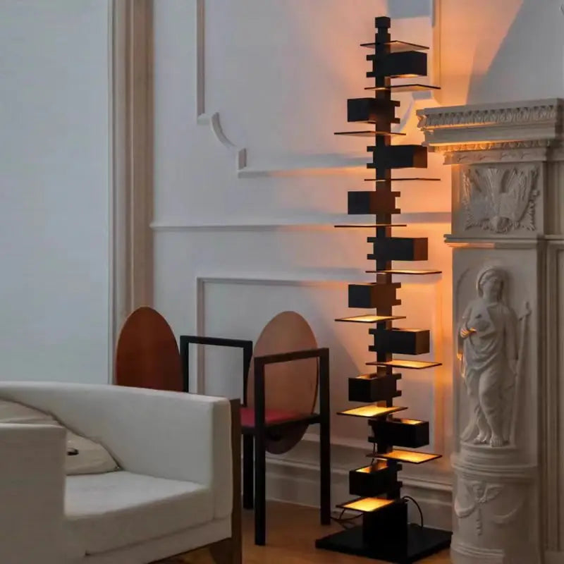 Gun black geometric floor lamp with tall stacked design, 182cm height and square base