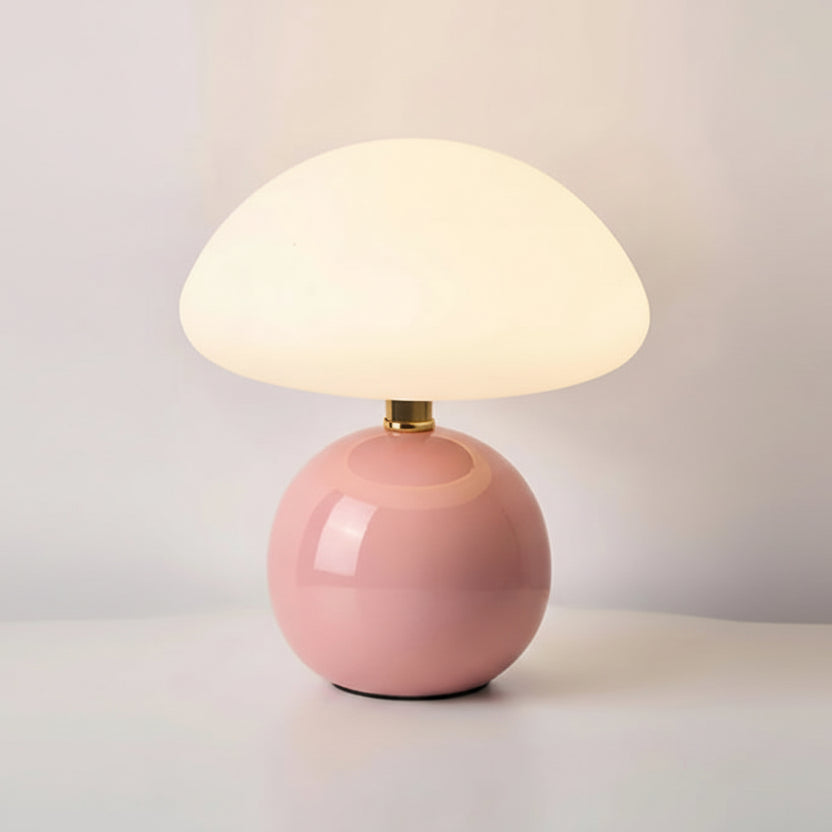 Pink table lamp with dimensions and specifications on a light background