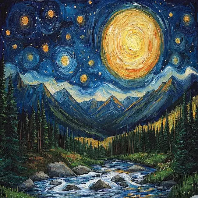 Handpainted canvas of a swirling yellow moon and stars over blue mountains and a river.
