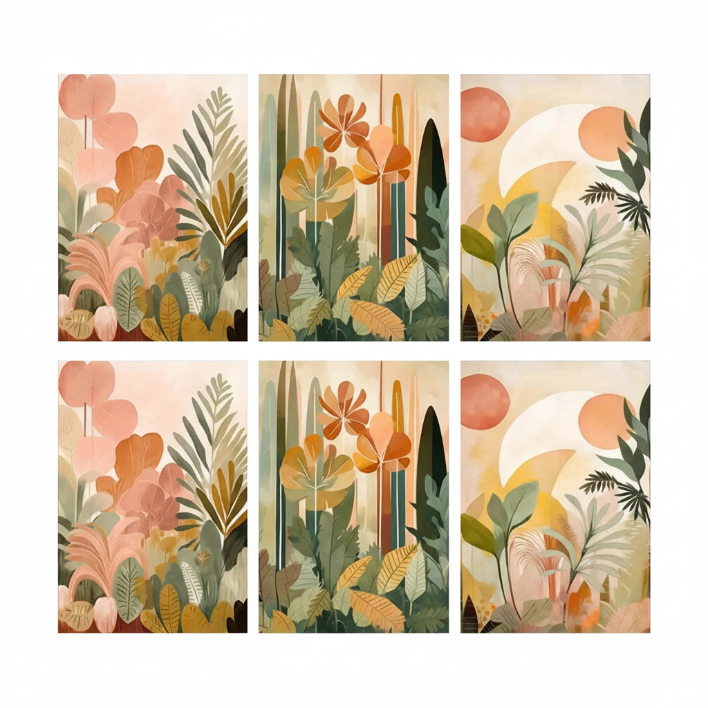 Left floral canvas print with layered botanical leaves and abstract flowers in warm blush and green tones