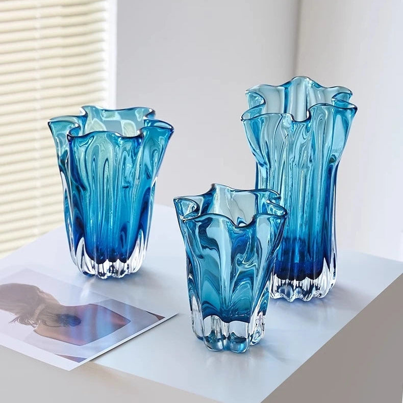 Set of three blue sculptural glass vases in S, M, L sizes