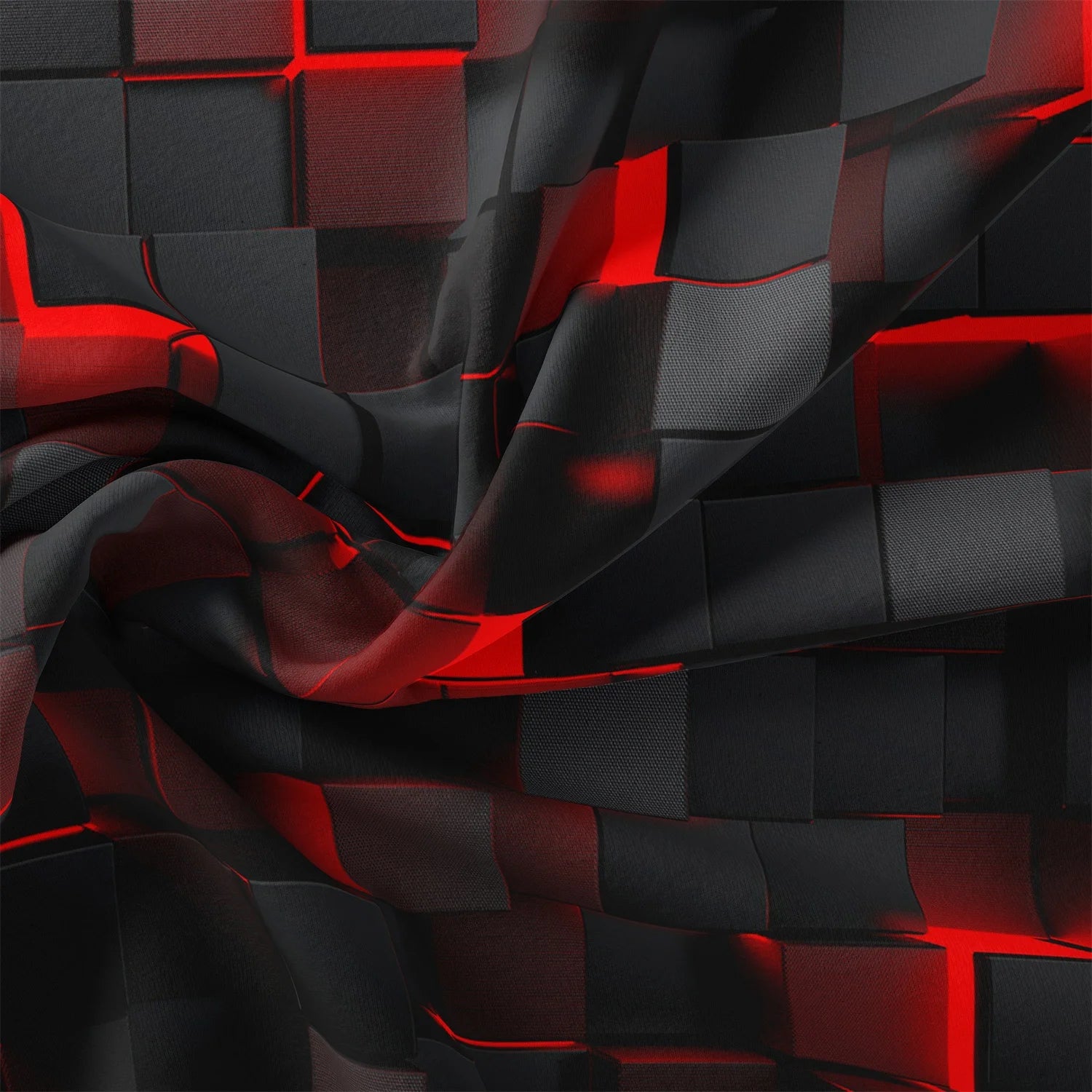 Abstract 3D pattern of black and red cubes with a flowing fabric effect.