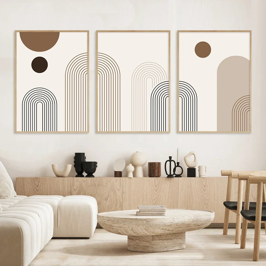 Modern living room with abstract wall art and minimal decor