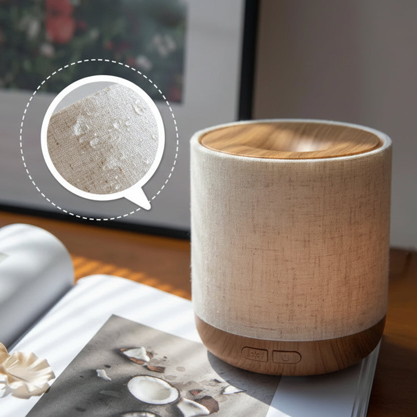 Wooden and fabric diffuser on a surface