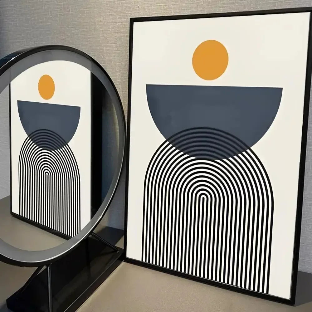 Abstract geometric canvas print with mustard circle and layered black arches on a neutral background