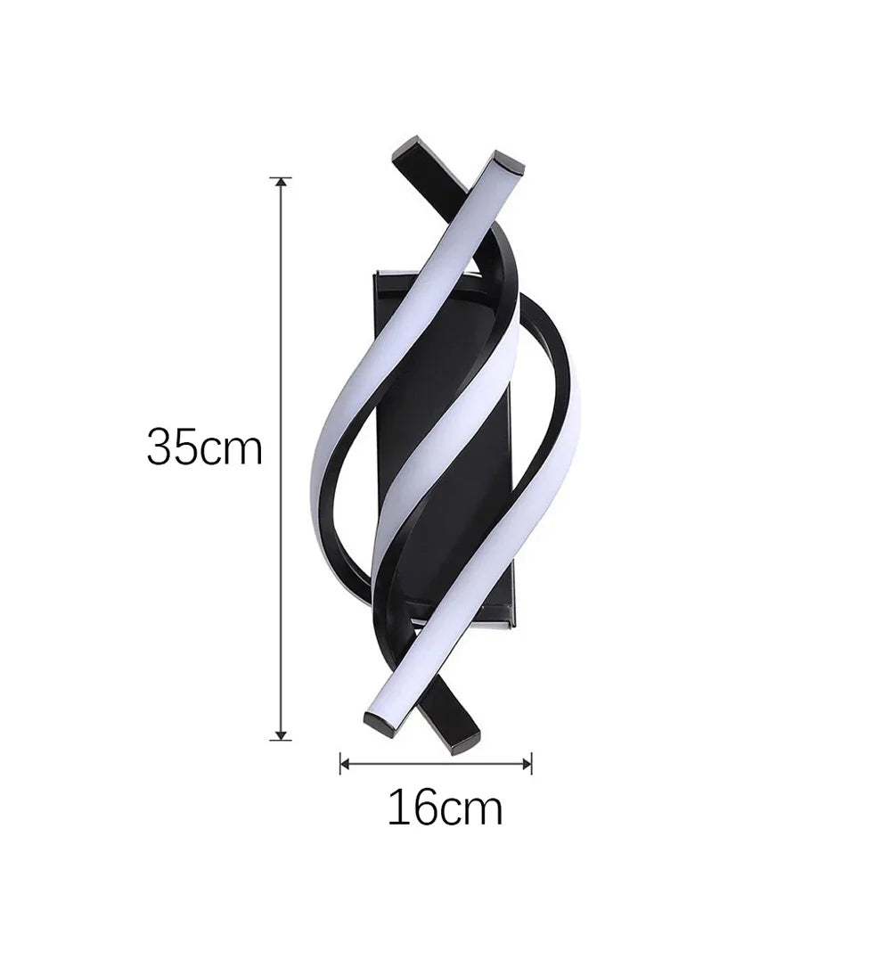 Modern spiral LED wall light in black with dimensions 35cm height and 16cm diameter.