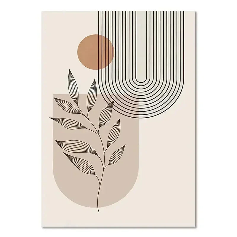 Abstract art print with geometric shapes and leaf design on a beige background