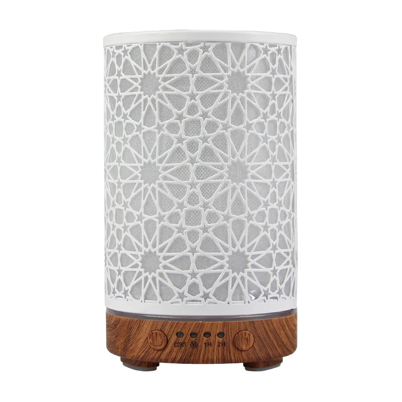 100ml star-pattern essential oil diffuser with a white aluminium sleeve and a dark wood-grain base.