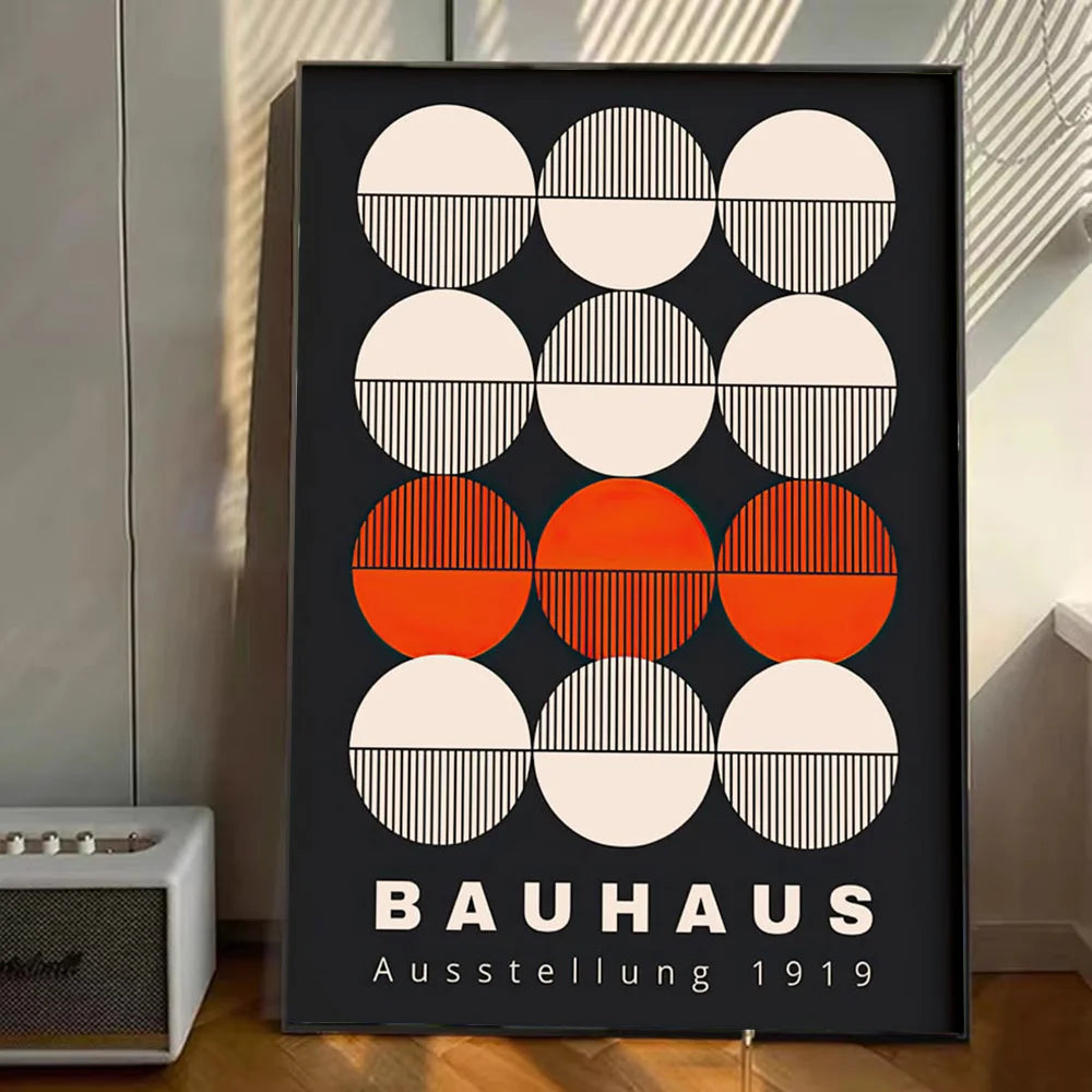Bauhaus geometric canvas print with striped circle grid in black, cream, and orange