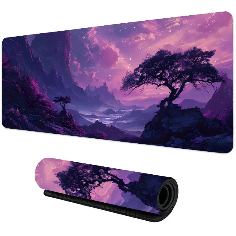 Extended mouse pad with purple fantasy forest and glowing starry sky, shown flat and rolled