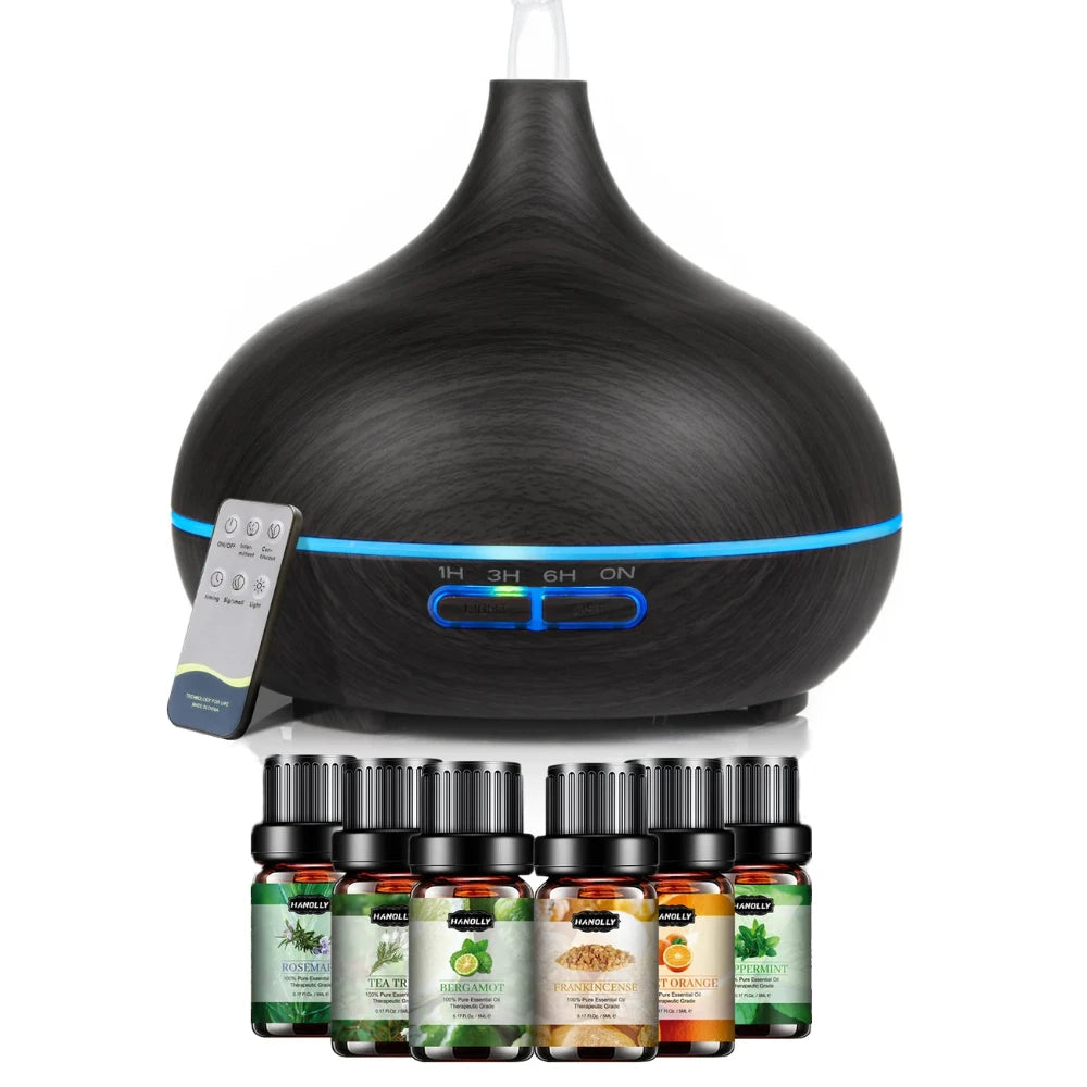 Dark wood-grain aromatherapy diffuser with remote and 6 essential oils included