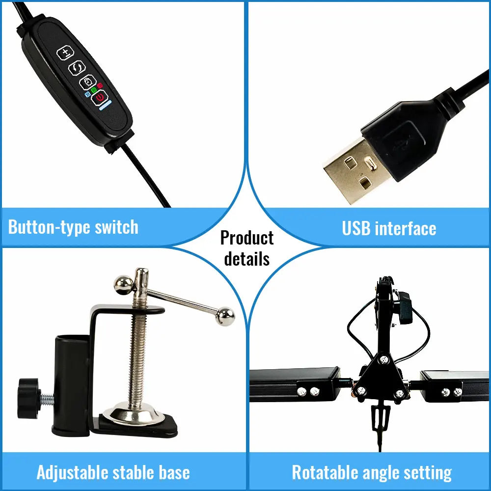 Product details including button-type switch, USB interface, adjustable stable base, and rotatable angle setting.