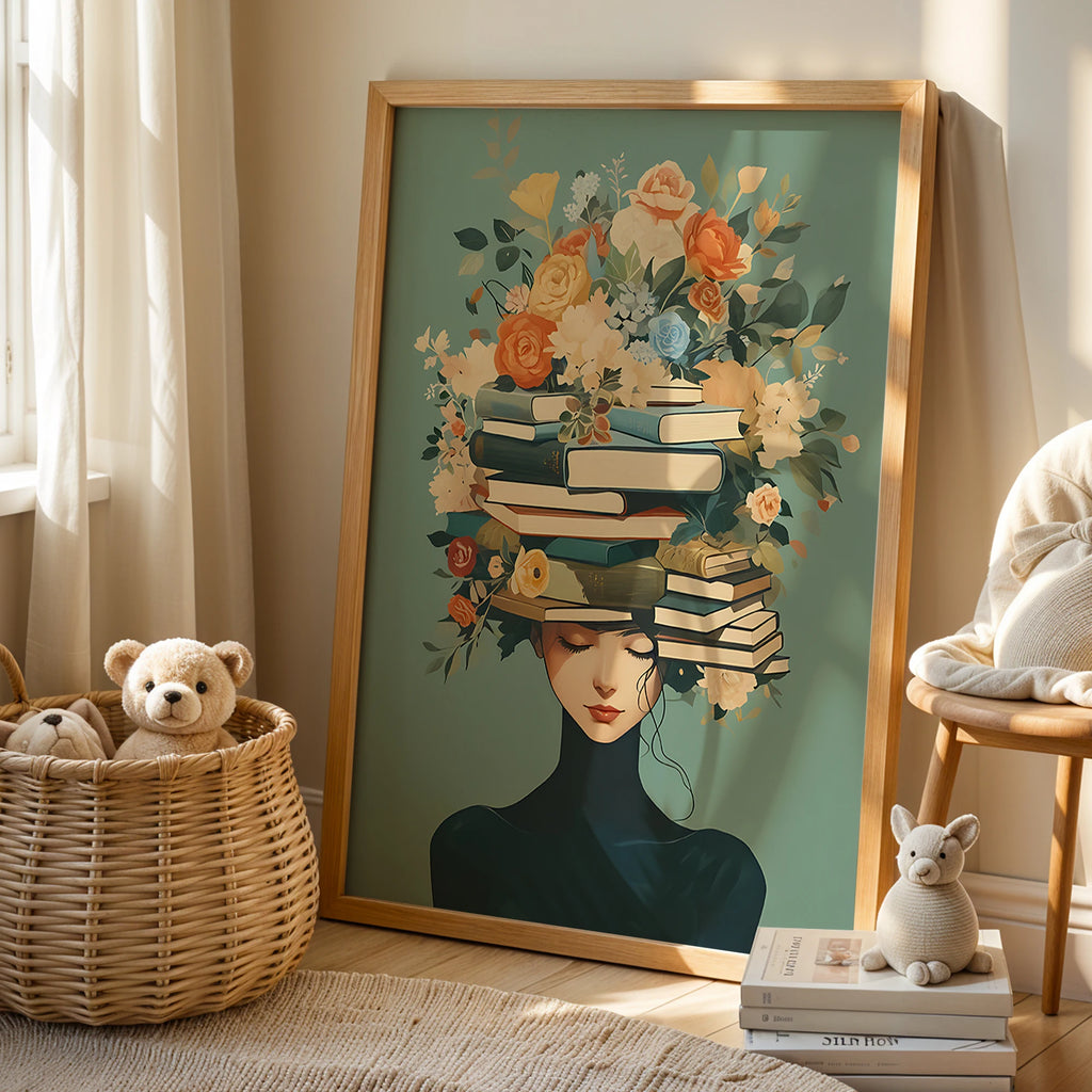 Framed artwork of a woman with books and flowers on her head in a room with a teddy bear and books.